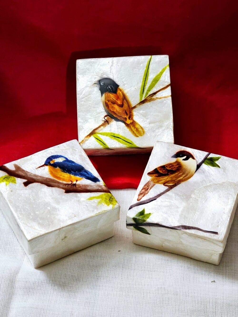 New Set (3) Hand-painted birds capiz shell trinket keepsake box from Philippines